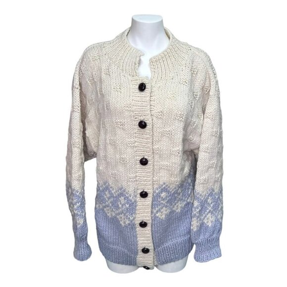 Vintage Handknit Cream & Blue Cardigan Cottagecore - Picture 2 of 16